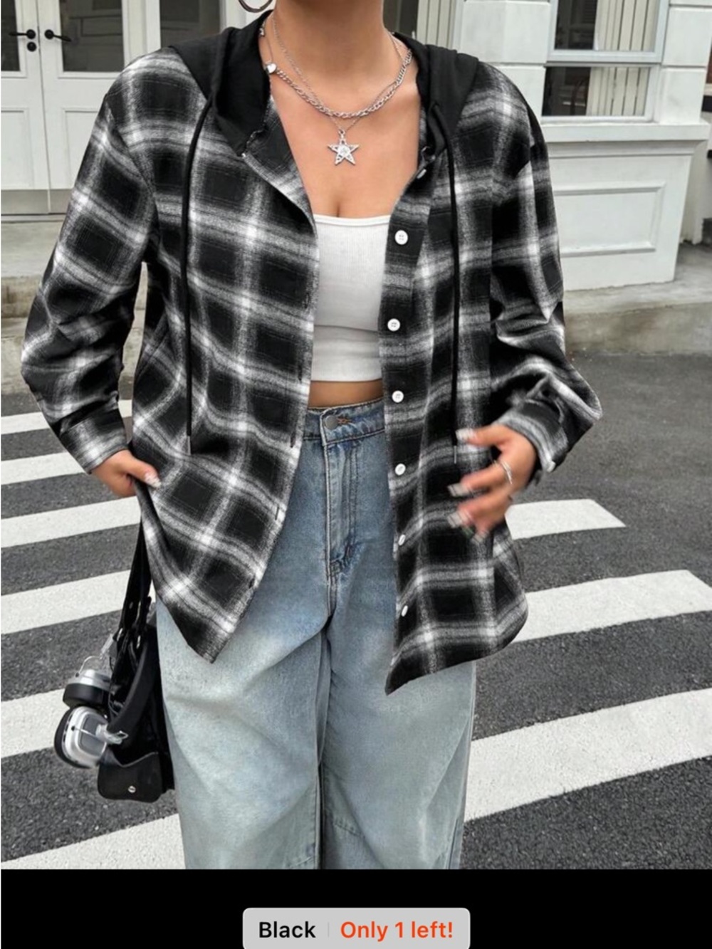 SHEIN Black & White Plaid Hooded Button-Up Shirt